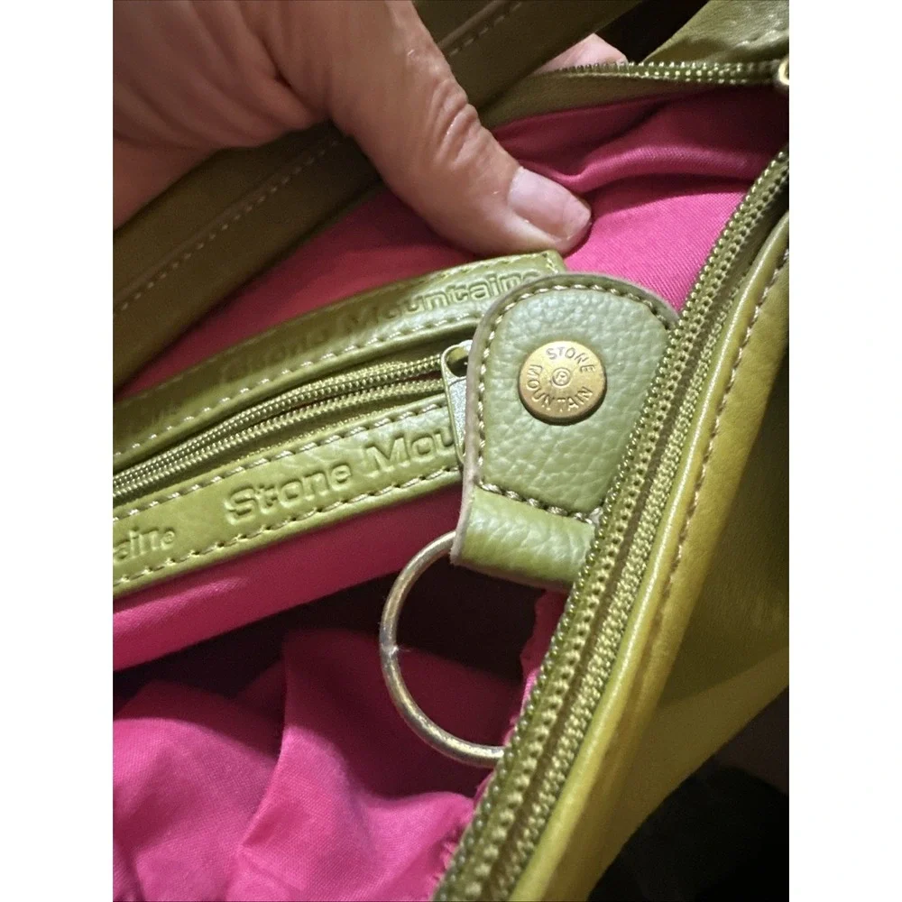 STONE MOUNTAIN GreenPebble Leather Baguette Purse Pink Lining